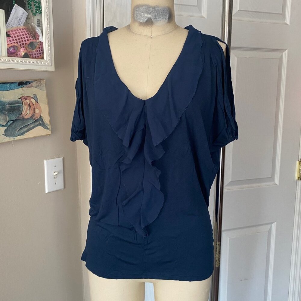 GAP Teal Silk ruffle front Stretch knit V-neck Blouse Tunic Shirt *SMALL*